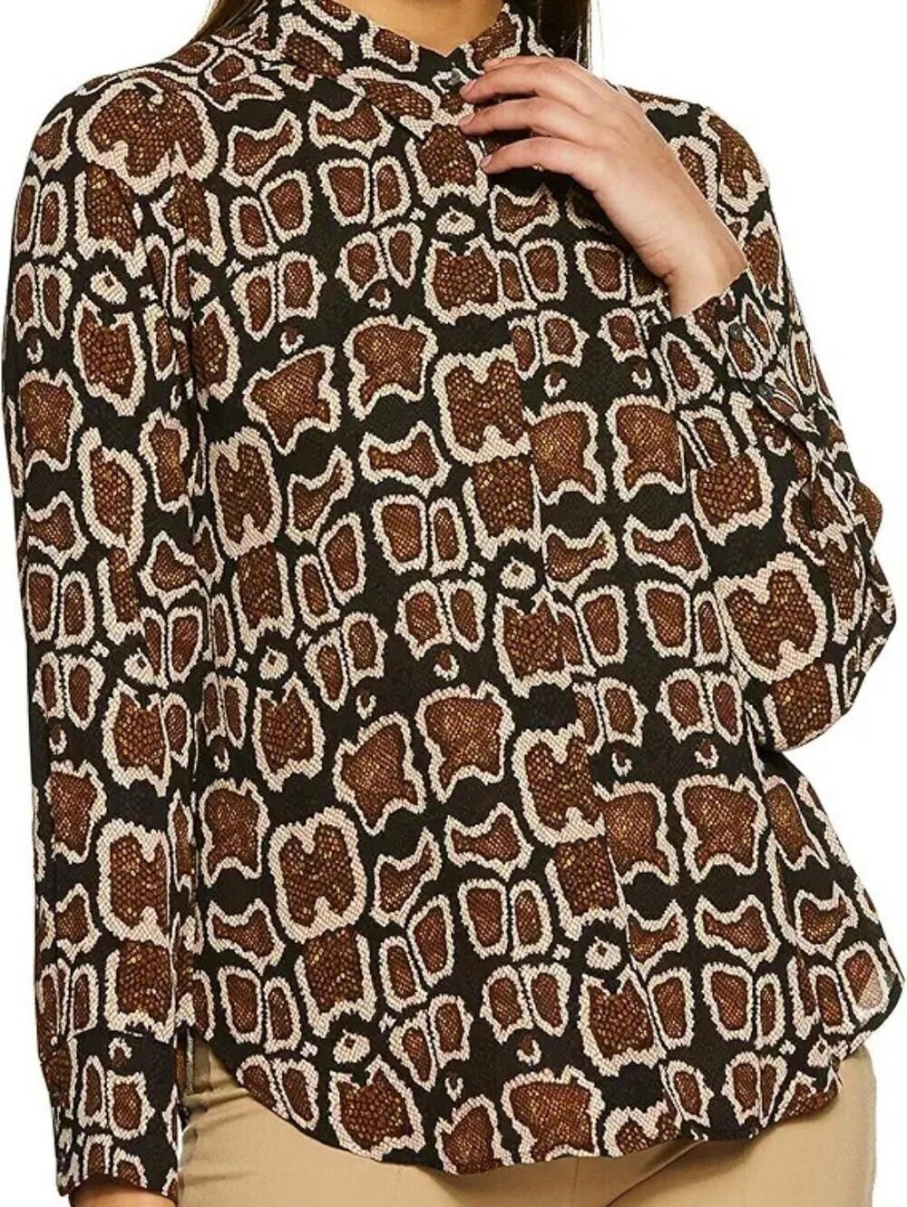 Womens Brown Animal Print Button-Up Top